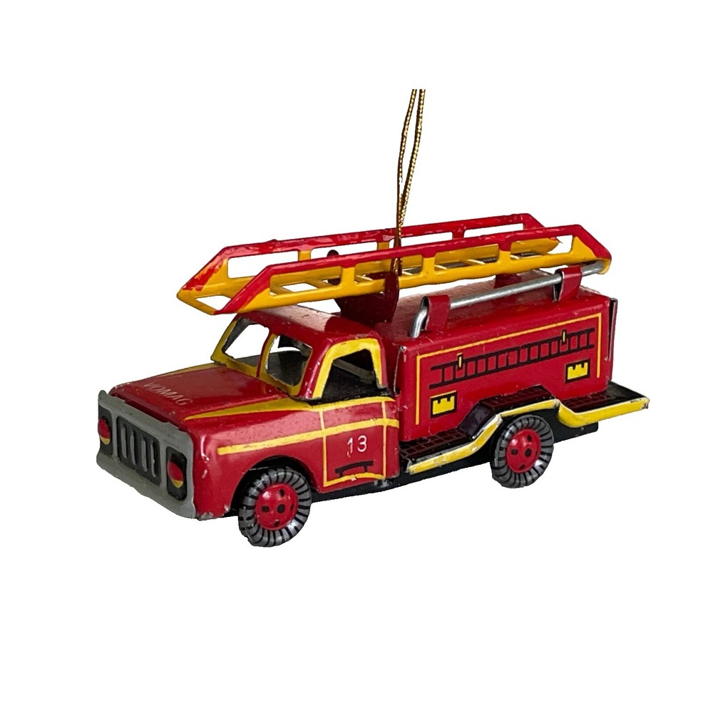 Fire Truck Ornament Vintage Tin Toy Vomag 13 ZZ Germany Christmas Firefighter